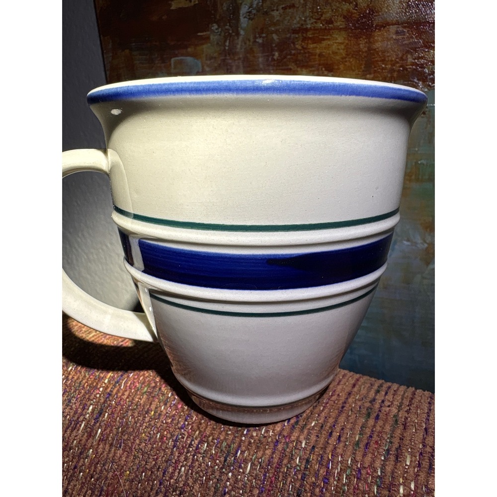 Country Crock Stoneware Mug Cream Blue Green Striped Farmhouse Coffee Soup Cup
